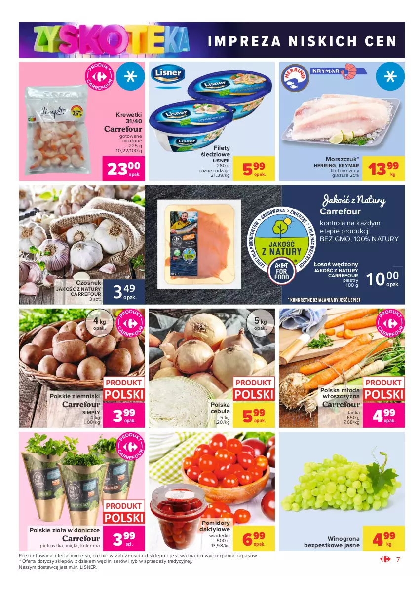 Gazetka promocyjna Carrefour - Gazetka Market Zyskoteka - ważna 05.10 do 09.10.2021 - strona 7 - produkty: Cebula, Czosnek, Glazura, Kolendra, Krewetki, Lazur, Lisner, Mięta, Pietruszka, Pomidory, Ser, Wino, Winogrona, Winogrona bezpestkowe, Ziemniaki, Zioła w doniczce