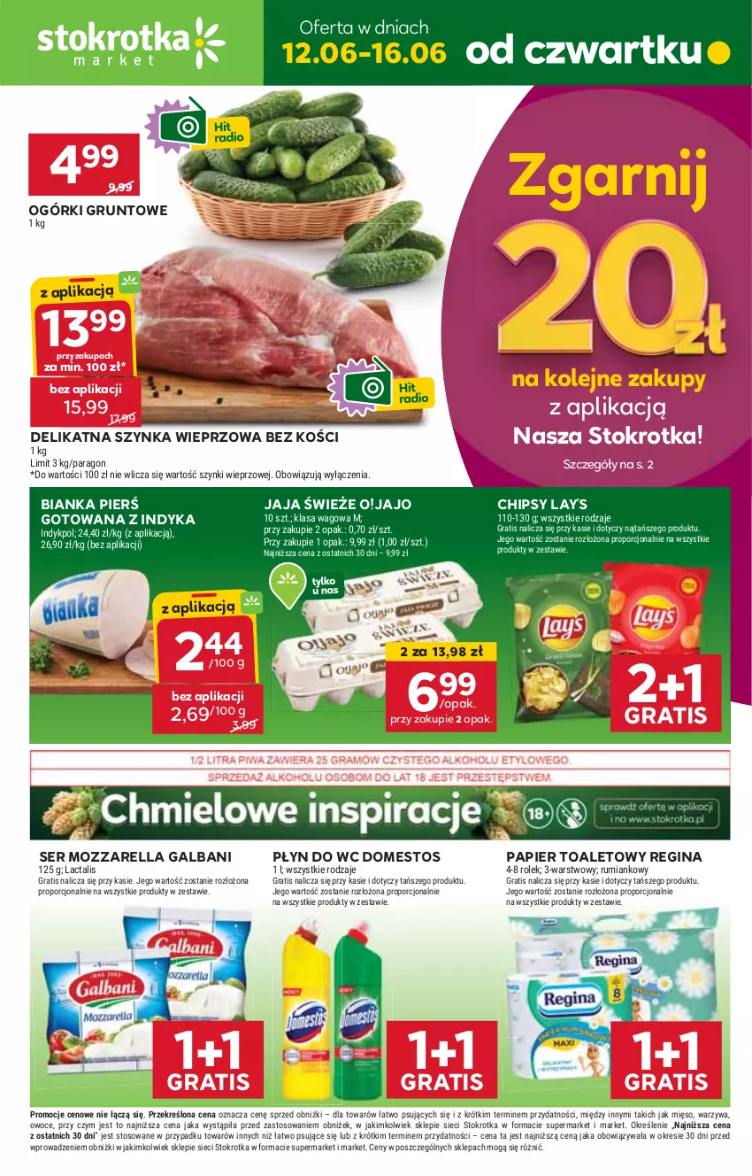 Gazetka promocyjna Stokrotka - Market - ważna 12.06 do 16.06.2025 - strona 1 - produkty: Bianka, Chipsy, Domestos, Galbani, Gin, Gra, Grunt, Jaja, Lay’s, Mięso, Mozzarella, Olej, Owoce, Papier, Papier toaletowy, Płyn do wc, Por, Rum, Ser, Szynka, Szynka wieprzowa, Warzywa