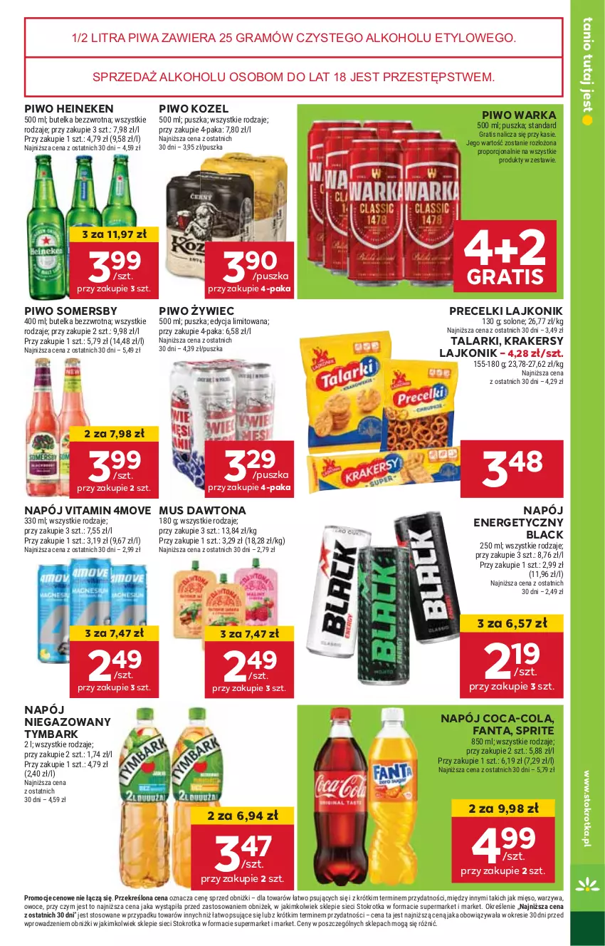 Gazetka promocyjna Stokrotka - Market - ważna 12.06 do 16.06.2025 - strona 13 - produkty: Coca-Cola, Dawtona, Fa, Fanta, Gra, Heineken, Kozel, Krakersy, Lack, Lajkonik, Mięso, Mus, Napój, Napój energetyczny, Napój niegazowany, Owoce, Piwa, Piwo, Por, Precelki, Somersby, Sprite, Tymbark, Warka, Warzywa
