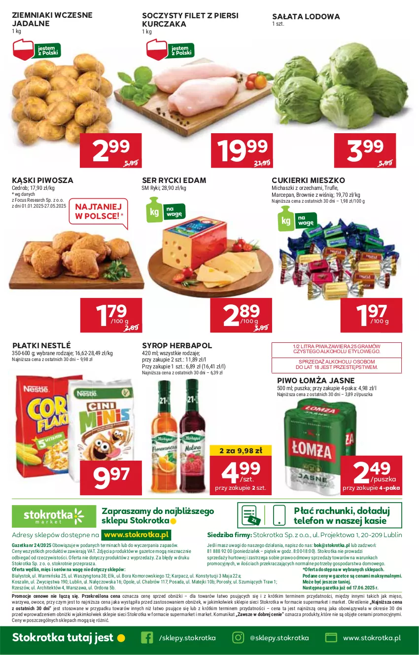 Gazetka promocyjna Stokrotka - Market - ważna 12.06 do 16.06.2025 - strona 26 - produkty: Brownie, Cukier, Cukierki, Dres, Edam, Filet z piersi kurczaka, Gra, Herbapol, JBL, Karp, Kosz, Kurczak, Mięso, Nestlé, O nas, Owoce, Piwa, Piwo, Por, Rycki Edam, Sałat, Sałata lodowa, Ser, Syrop, Szal, Telefon, Wagi, Warzywa, Ziemniaki