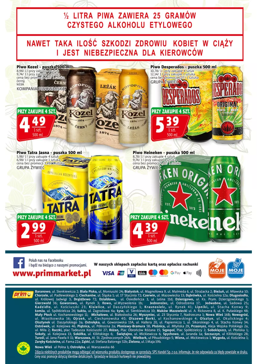 Gazetka promocyjna Prim Market - ważna 04.04 do 10.04.2024 - strona 16 - produkty: Desperados, Fa, Heineken, Jednorożec, Kisiel, Koc, Kozel, Malm, Mysz, Ogród, Olej, Papier, Piątnica, Piwo, Róża, Sok, Sokół, Stock, Tatra