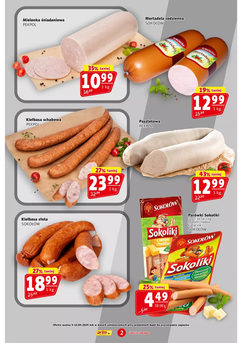 Gazetka promocyjna Prim Market - ważna 04.04 do 10.04.2024 - strona 2 - produkty: Danio, Kiełbasa, Parówki, Parówki sokoliki, Pasztet, Pekpol, Sok, Sokołów