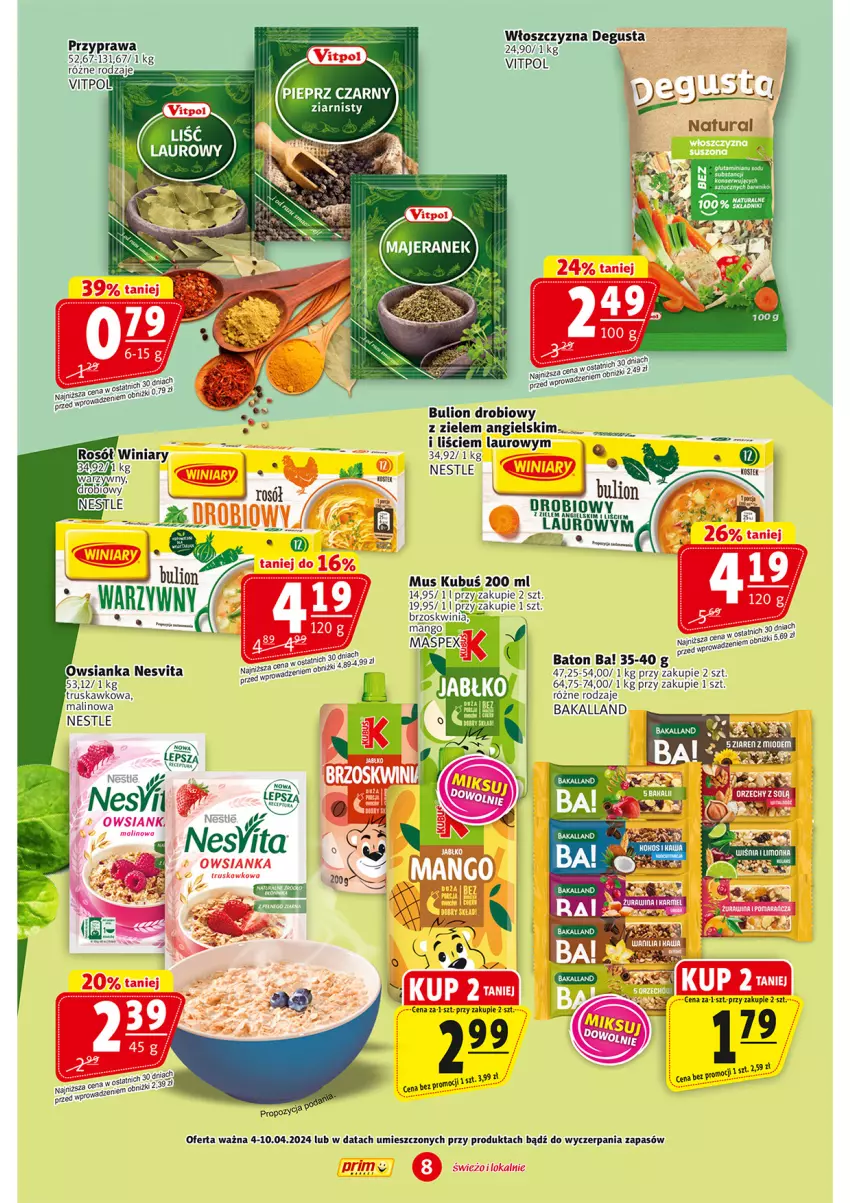 Gazetka promocyjna Prim Market - ważna 04.04 do 10.04.2024 - strona 8 - produkty: Ba!, Bakalland, Baton, Bulion, Kubuś, Laur, Lion, Mus, Por, Rosół, Stek, Winiary