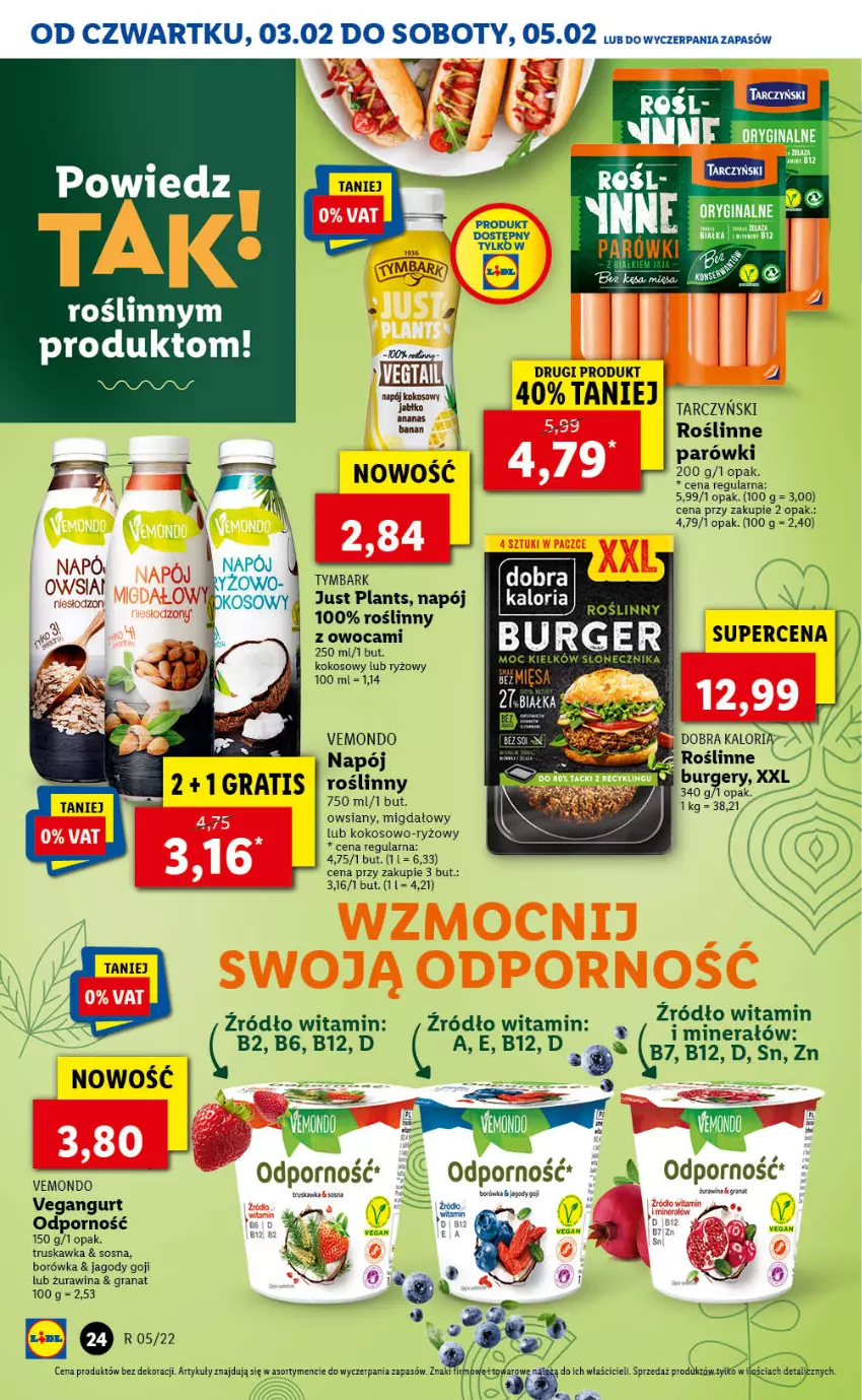 Gazetka promocyjna Lidl - GAZETKA - ważna 03.02 do 05.02.2022 - strona 24 - produkty: Borówka, Gin, Gra, Granat, Jagody, Jagody goji, Kokos, Napój, Parówki, Por, Ryż, Sos, Tarczyński, Tymbark, Vegangurt