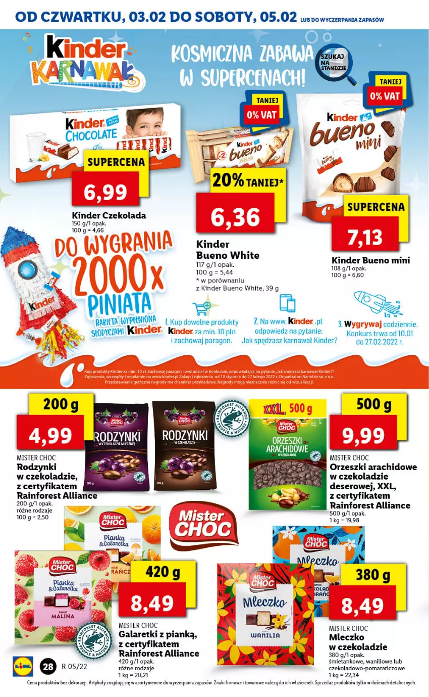 Gazetka promocyjna Lidl - GAZETKA - ważna 03.02 do 05.02.2022 - strona 28 - produkty: Czekolada, Deser, Gala, Galaretki, Kinder, Kinder Bueno, Mleczko, Orzeszki, Por, Rakieta, Rodzynki, Ser, Stek