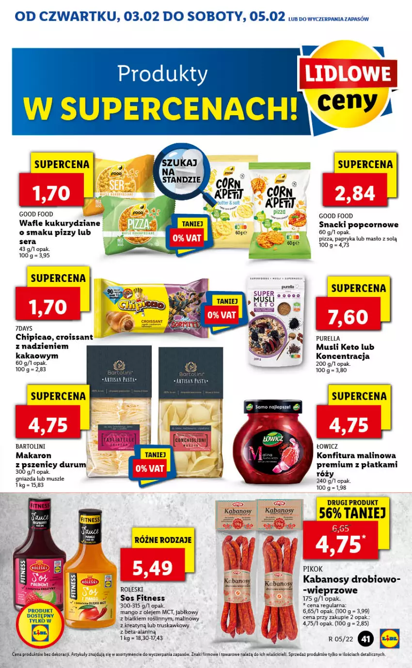 Gazetka promocyjna Lidl - GAZETKA - ważna 03.02 do 05.02.2022 - strona 41 - produkty: Chipicao, Croissant, Kabanos, Kakao, Konfitura, Makaron, Mango, Masło, Mus, Olej, Papryka, PIKOK, Pizza, Popcorn, Pur, Rum, Ser, Sos, Wafle