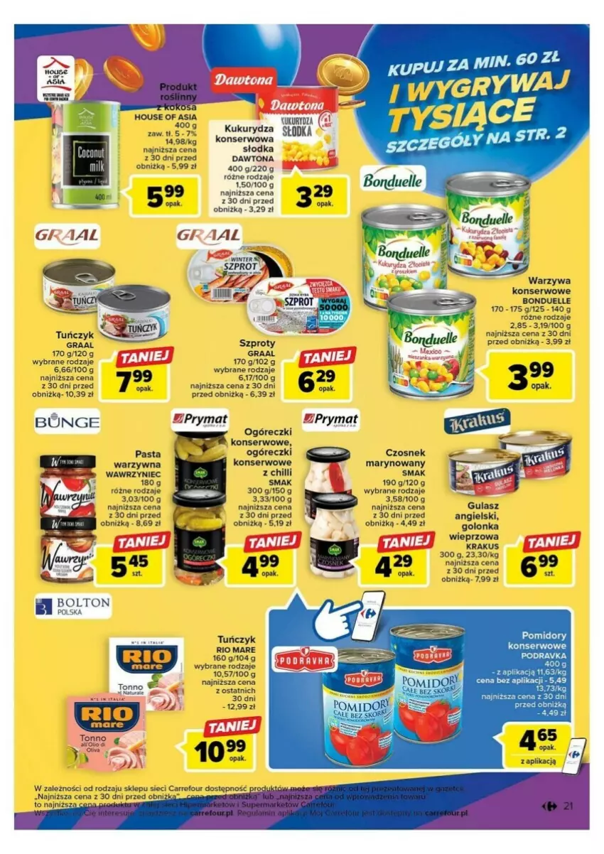 Gazetka promocyjna Carrefour - ważna 10.10 do 14.10.2023 - strona 14 - produkty: Bonduelle, Czosnek, Dawtona, Golonka wieprzowa, Gra, Graal, House of Asia, Krakus, Kukurydza, Kukurydza konserwowa, Podravka, Pomidory, Prymat, Puf, Rio Mare, Ser, Szprot, Tuńczyk