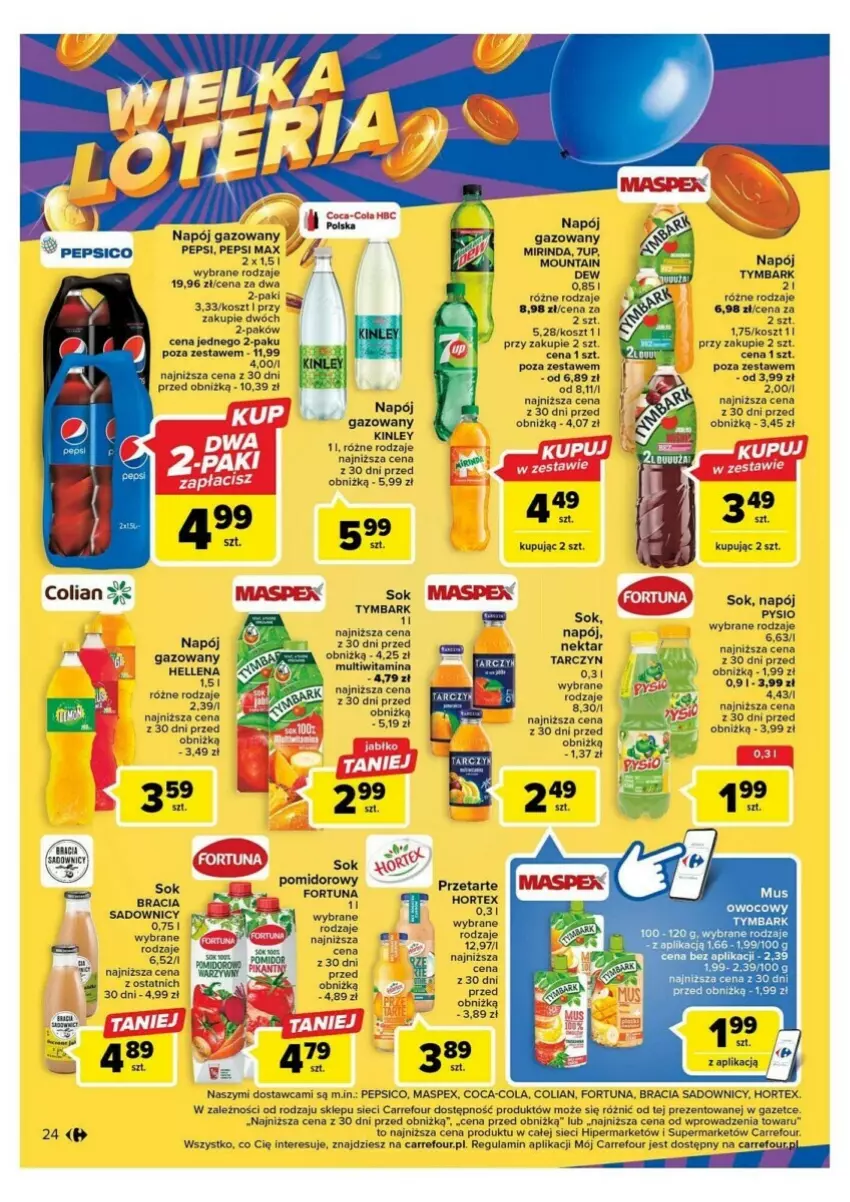 Gazetka promocyjna Carrefour - ważna 10.10 do 14.10.2023 - strona 17 - produkty: 7up, Coca-Cola, Fortuna, Hellena, Hortex, Kosz, Mirinda, Mus, Napój, Napój gazowany, Nektar, Pepsi, Pepsi max, Sok, Tymbark