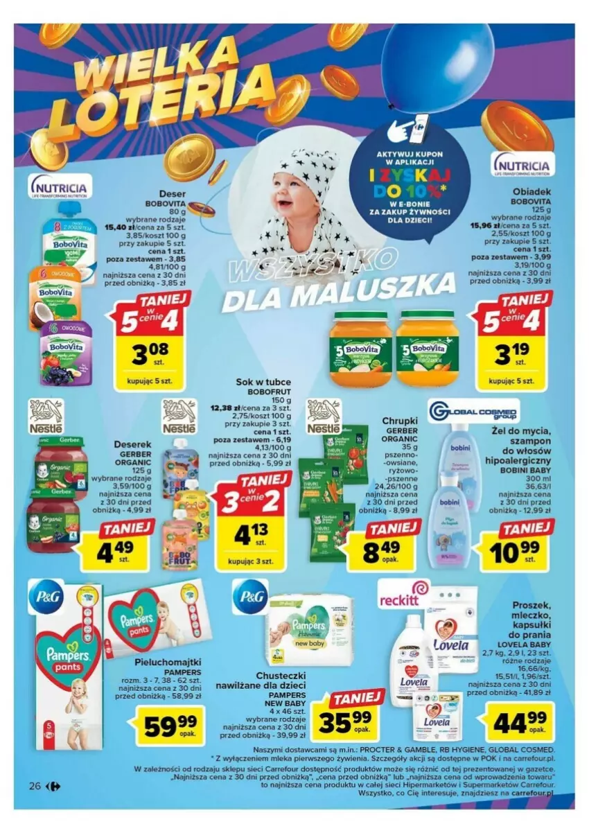 Gazetka promocyjna Carrefour - ważna 10.10 do 14.10.2023 - strona 19 - produkty: Bobofrut, BoboVita, Chrupki, Chusteczki, Deser, Dzieci, Gerber, Kosz, Lovela, Majtki, Mleczko, Pampers, Pieluchomajtki, Por, Ryż, Ser, Serek, Sok, Szampon