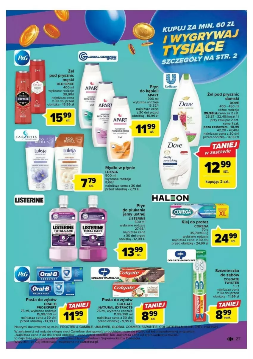 Gazetka promocyjna Carrefour - ważna 10.10 do 14.10.2023 - strona 20 - produkty: Colgate, Corega, Dove, Klej, Kosz, LG, Listerine, Luksja, Mydło, Mydło w płynie, Pasta do zębów, Płyn do płukania, Płyn do płukania jamy ustnej, Szczoteczka, Szczoteczka do zębów