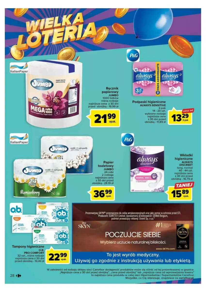 Gazetka promocyjna Carrefour - ważna 10.10 do 14.10.2023 - strona 21 - produkty: Always, Discreet, Fa, O.B., Papier, Podpaski, Prezerwatyw, Ręcznik, Skyn, Tampony, Wkładki