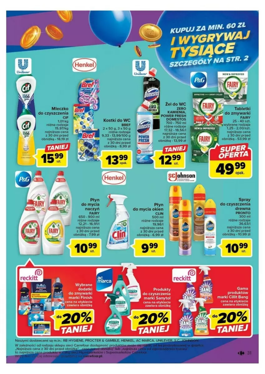 Gazetka promocyjna Carrefour - ważna 10.10 do 14.10.2023 - strona 25 - produkty: Bref, Cif, Cillit Bang, Do mycia naczyń, Domestos, Fa, Fairy, Finish, Mleczko, Noż, Płyn do mycia, Płyn do mycia naczyń, Pronto, Sanytol, Spray do czyszczenia, Tablet, Tabletki do zmywarki, Zmywarki