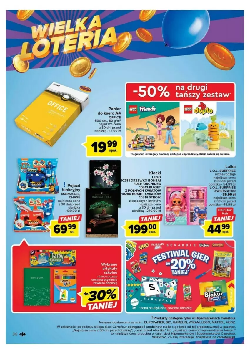 Gazetka promocyjna Carrefour - ważna 10.10 do 14.10.2023 - strona 30 - produkty: BIC, Bukiet, Klocki, L.O.L., Lalka, LEGO, Mars, Mattel, Notebook, Papier, Papier do ksero, Pojazd, Ser, Sprzedawcy