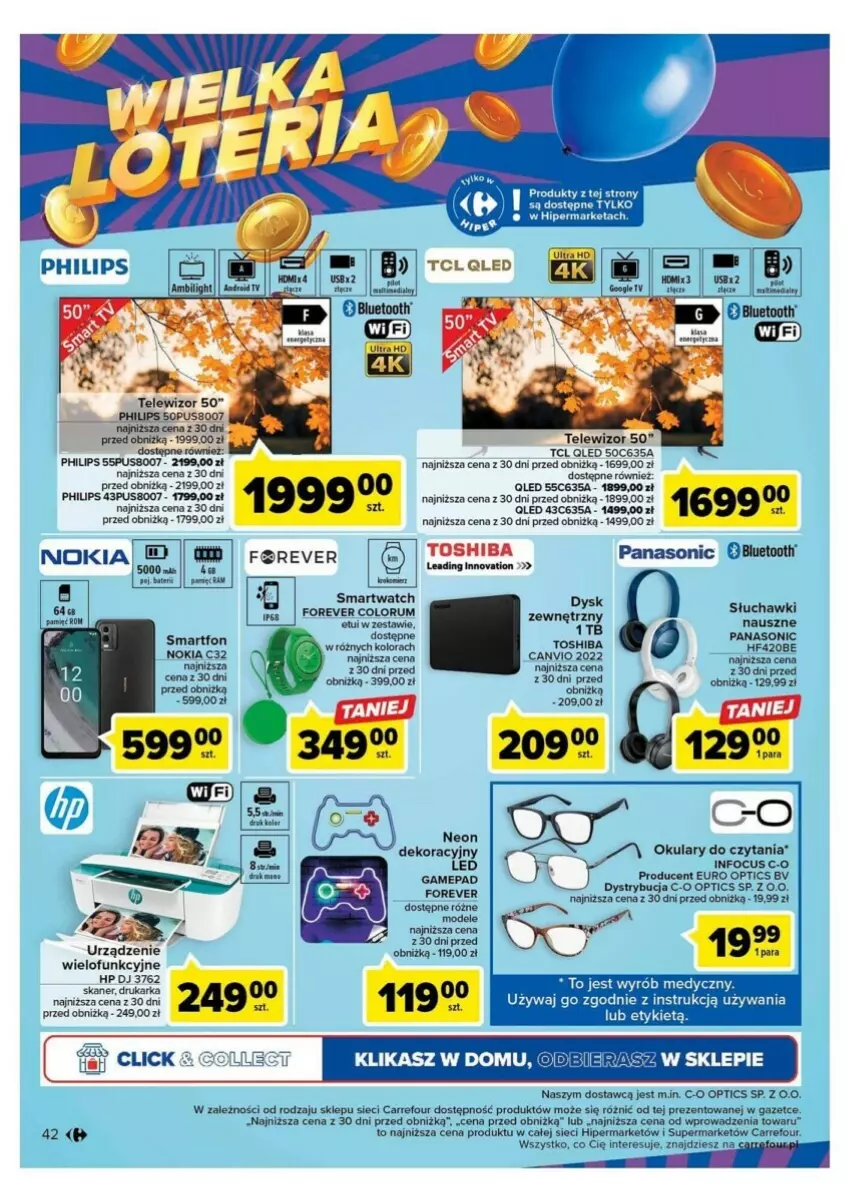 Gazetka promocyjna Carrefour - ważna 10.10 do 14.10.2023 - strona 37 - produkty: Drukarka, Gres, HP, Nokia, Okulary do czytania, Panasonic, Philips, Rum, Skaner, Smartfon, Smartwatch, Telewizor, Toshiba