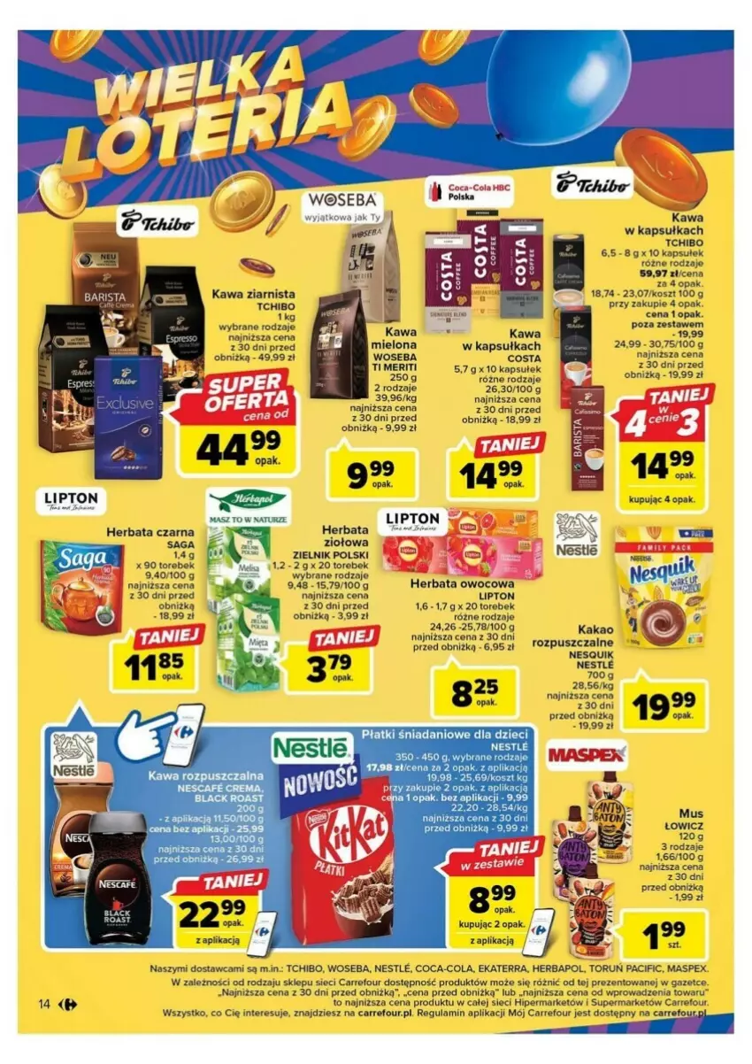 Gazetka promocyjna Carrefour - ważna 10.10 do 14.10.2023 - strona 6 - produkty: Cif, Coca-Cola, Danio, Dzieci, Herbapol, Herbata, Herbata czarna, Herbata owocowa, Kakao, Kawa, Kawa ziarnista, Kosz, Lack, Lipton, Mus, Saga, Tchibo, Woseba