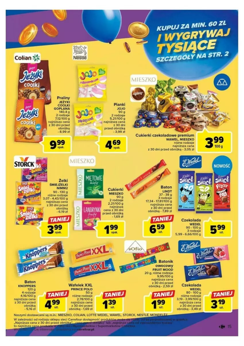 Gazetka promocyjna Carrefour - ważna 10.10 do 14.10.2023 - strona 7 - produkty: Baton, Cukier, Cukierki, Cukierki czekoladowe, Czekolada, Goplana, Jeżyki, Knoppers, LANA, Lindt, Nimm2, Praliny, Prince Polo, Tonik, Wafelek, Wawel