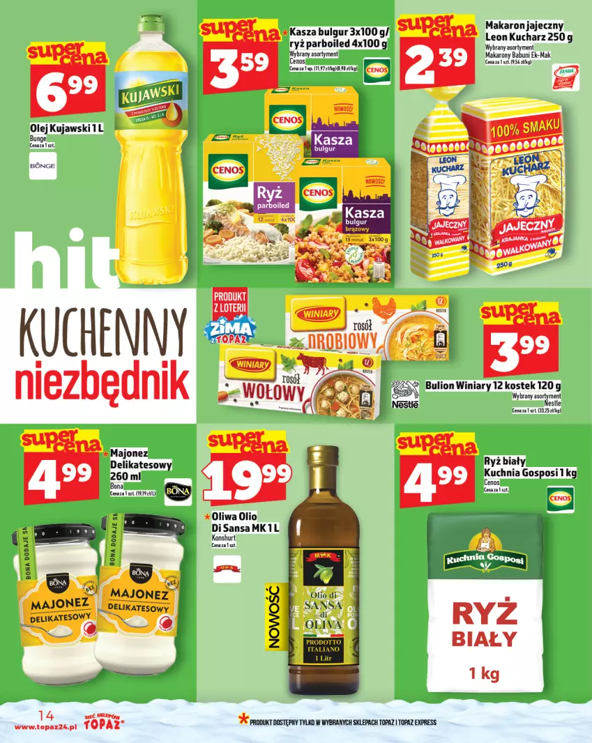 Gazetka promocyjna Topaz - Gazetka - ważna 27.11 do 03.12.2025 - strona 14 - produkty: Babuni, BIC, Bulgur, Bulion, Cenos, Kasza, Kuchnia, Kujawski, LG, Lion, Majonez, Makaron, Olej, Ryż, Ryż biały, Ryż parboiled, Stek, Top, Winiary