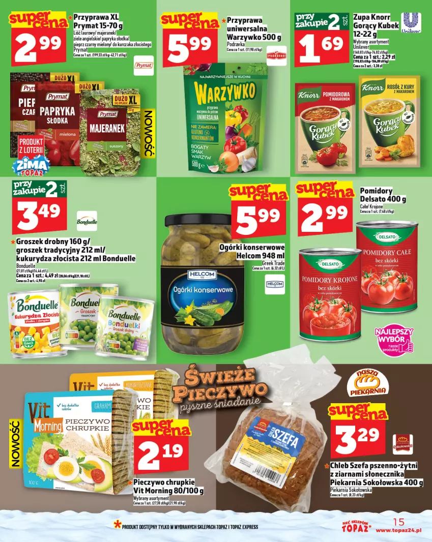 Gazetka promocyjna Topaz - Gazetka - ważna 27.11 do 03.12.2025 - strona 15 - produkty: Bonduelle, Bryza, Chrupki, Groszek, Kukurydza, Kurczak, Makaron, Piec, Pieczywo, Podravka, Pomidory, Przyprawa uniwersalna, Rosół, Top