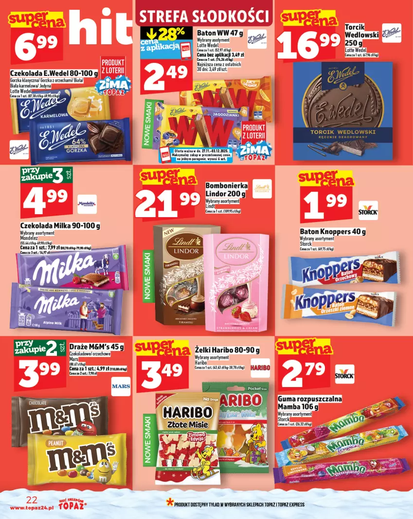 Gazetka promocyjna Topaz - Gazetka - ważna 27.11 do 03.12.2025 - strona 22 - produkty: Baton, Czekolada, Guma rozpuszczalna, Haribo, Knoppers, Lindor, Mamba, Mars, Milka, Top