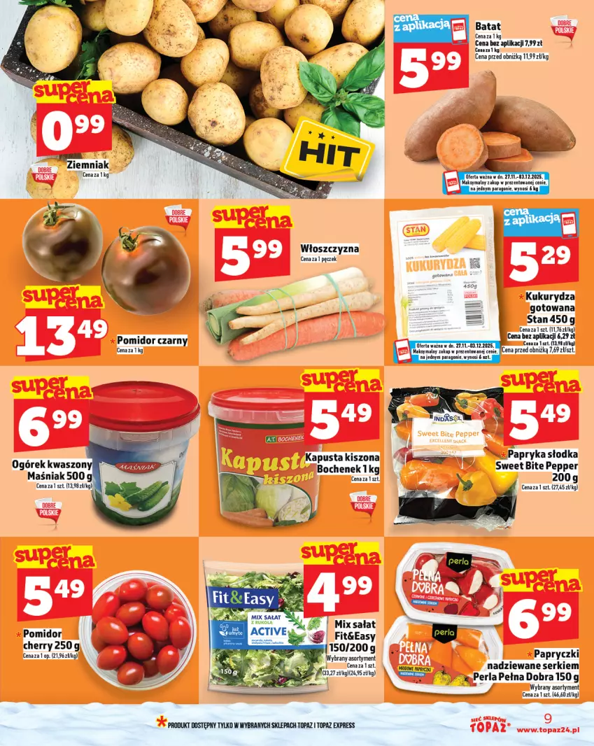 Gazetka promocyjna Topaz - Gazetka - ważna 27.11 do 03.12.2025 - strona 9 - produkty: Fa, Kukurydza, Ogórek, Papryka, Papryka słodka, Sałat, Ser, Top
