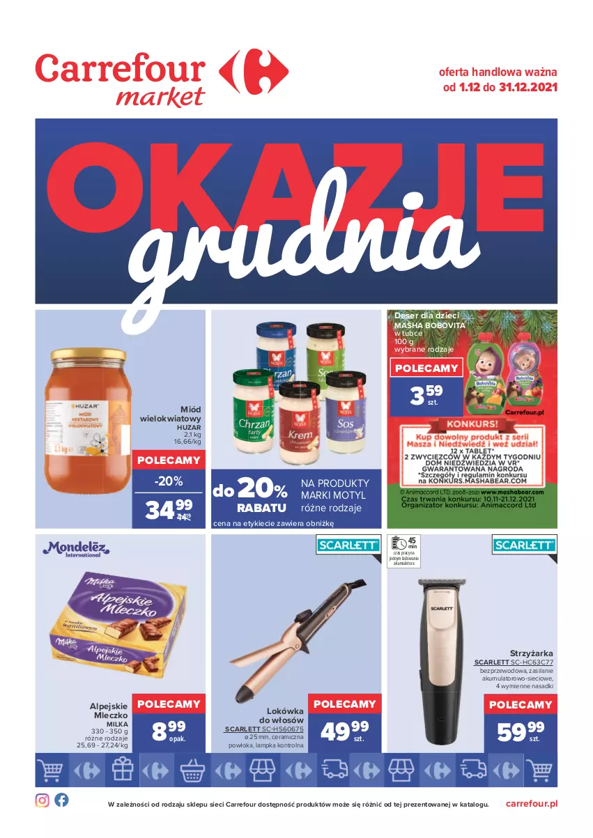 Gazetka promocyjna Carrefour - Gazetka Market Okazje grudnia - ważna 01.12 do 31.12.2021 - strona 1 - produkty: Akumulator, BoboVita, Deser, Dzieci, Lokówka, Milka, Miód, Mleczko, Ser, Silan