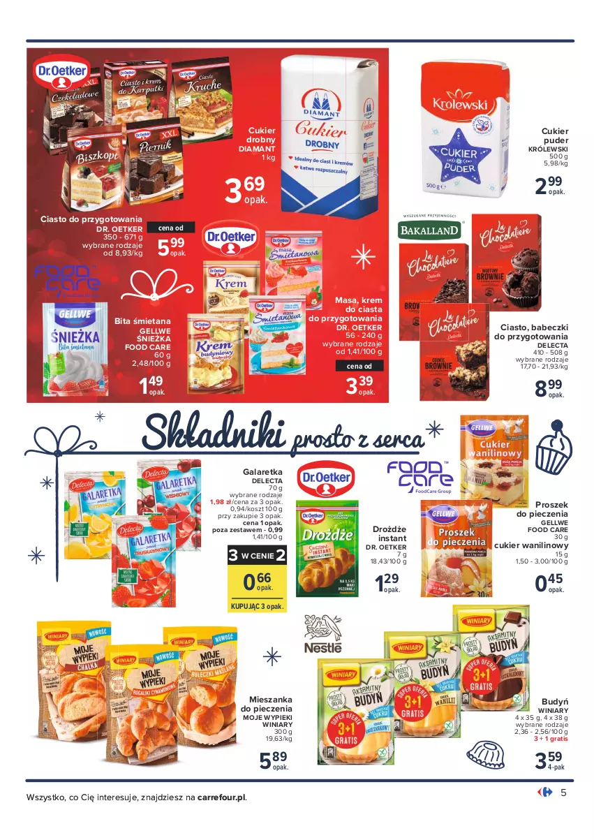 Gazetka promocyjna Carrefour - Gazetka Dla każdego coś świątecznego - ważna 23.11 do 12.12.2021 - strona 5 - produkty: Babeczki, Budyń, Cukier, Cukier puder, Cukier wanilinowy, Delecta, Diamant, Dr. Oetker, Drożdże, Gala, Galaretka, Gra, Kosz, Królewski, Piec, Proszek do pieczenia, Puder, Ser, Winiary