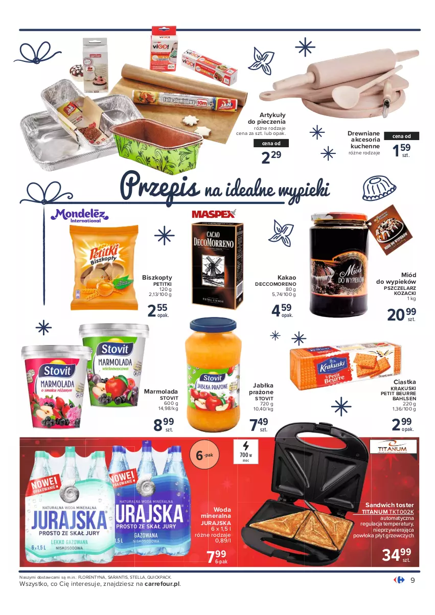 Gazetka promocyjna Carrefour - Gazetka Dla każdego coś świątecznego - ważna 23.11 do 12.12.2021 - strona 9 - produkty: Biszkopty, Ciastka, Jabłka, Jabłka prażone, Kakao, Krakus, Krakuski, Marmolada, Miód, Mola, Piec, Toster, Woda, Woda mineralna