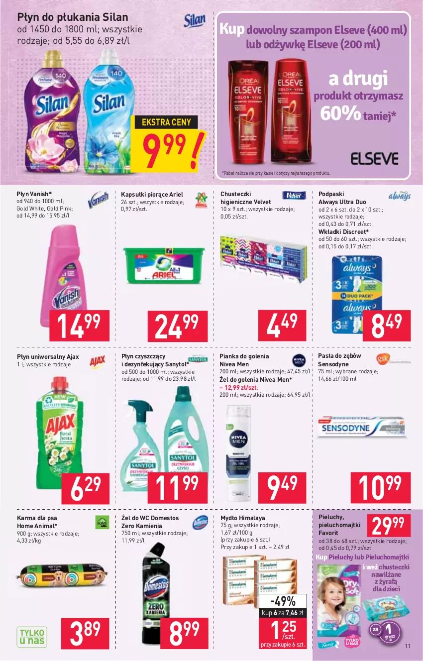 Gazetka promocyjna Stokrotka - Market - ważna 06.05 do 12.05.2021 - strona 11 - produkty: Ajax, Always, Always Ultra, Ariel, Chusteczki, Discreet, Domestos, Dzieci, Elseve, Fa, Himalaya, Majtki, Mydło, Nivea, Nivea Men, Pasta do zębów, Pianka do golenia, Pieluchomajtki, Pieluchy, Płyn do płukania, Podpaski, Sanytol, Sensodyne, Silan, Szampon, Vanish, Velvet, Wkładki