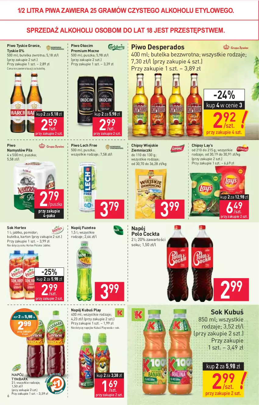 Gazetka promocyjna Stokrotka - Market - ważna 06.05 do 12.05.2021 - strona 6 - produkty: Chipsy, Desperados, Gra, Hortex, Koc, Kubuś, Lay’s, Namysłów, Napój, Okocim, Piwa, Piwo, Sok, Tymbark, Tyskie, Woda