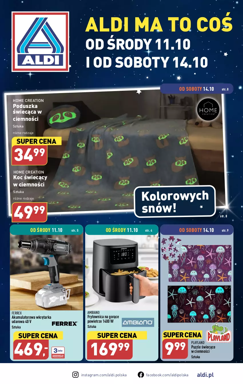 Gazetka promocyjna Aldi - Artykuły przemysłowe i tekstylia - ważna 11.10 do 14.10.2023 - strona 1 - produkty: Akumulator, Fa, Gra, Koc, Poduszka, Puzzle, Tarka, Wkręt, Wkrętarka