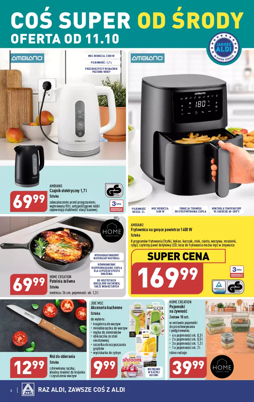 Gazetka promocyjna Aldi - Artykuły przemysłowe i tekstylia - ważna 11.10 do 14.10.2023 - strona 4 - produkty: Beko, Czajnik, Czajnik elektryczny, Frytki, Gra, Kosz, Kurczak, Obieraczka, Patelnia, Piec, Pojemnik, Sok, Stek, Szczotka, Termos, Warzywa, Wyciskarka