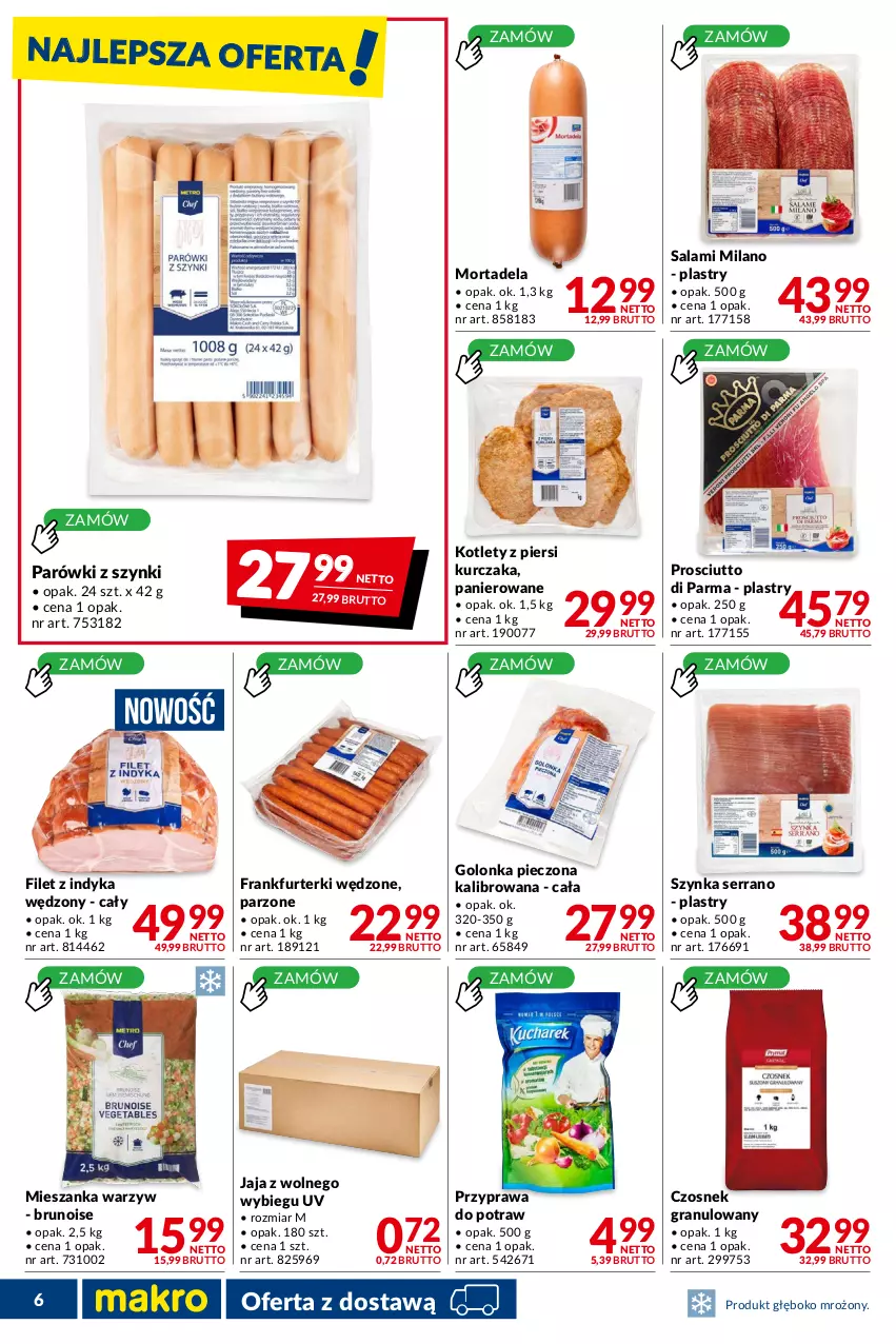 Gazetka promocyjna Makro - [Oferta promocyjna] Dostawy - ważna 23.08 do 19.09.2022 - strona 6 - produkty: Czosnek, Czosnek granulowany, Frankfurterki, Golonka pieczona, Gra, Jaja, Jaja z wolnego wybiegu, Kotlet, Kurczak, Mieszanka warzyw, Parówki, Parówki z szynki, Piec, Prosciutto, Przyprawa do potraw, Salami, Ser, Szynka