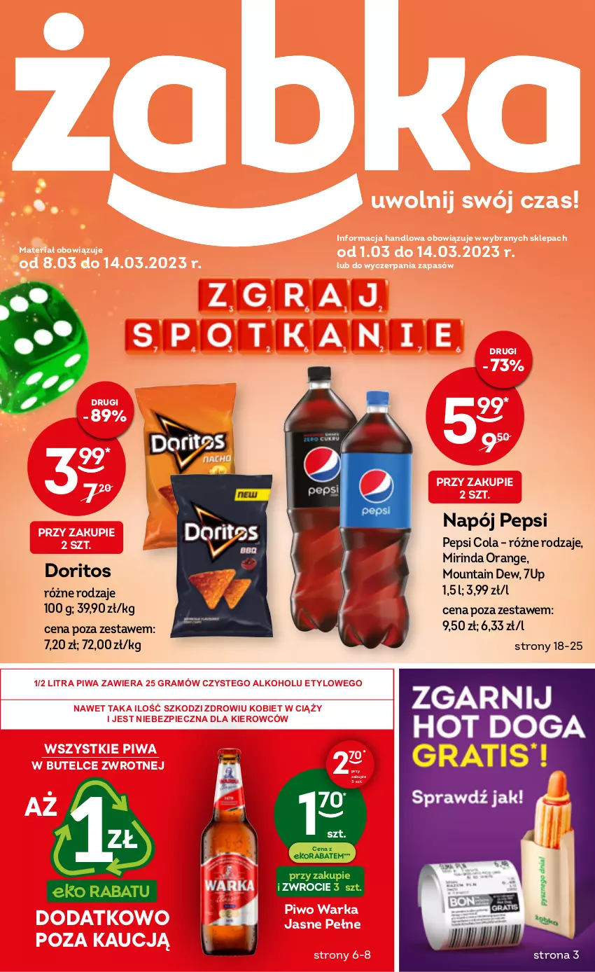 Gazetka promocyjna Żabka - ważna 08.03 do 14.03.2023 - strona 1 - produkty: 7up, Gra, Mirinda, Napój, Pepsi, Piec, Piwa, Piwo, Warka