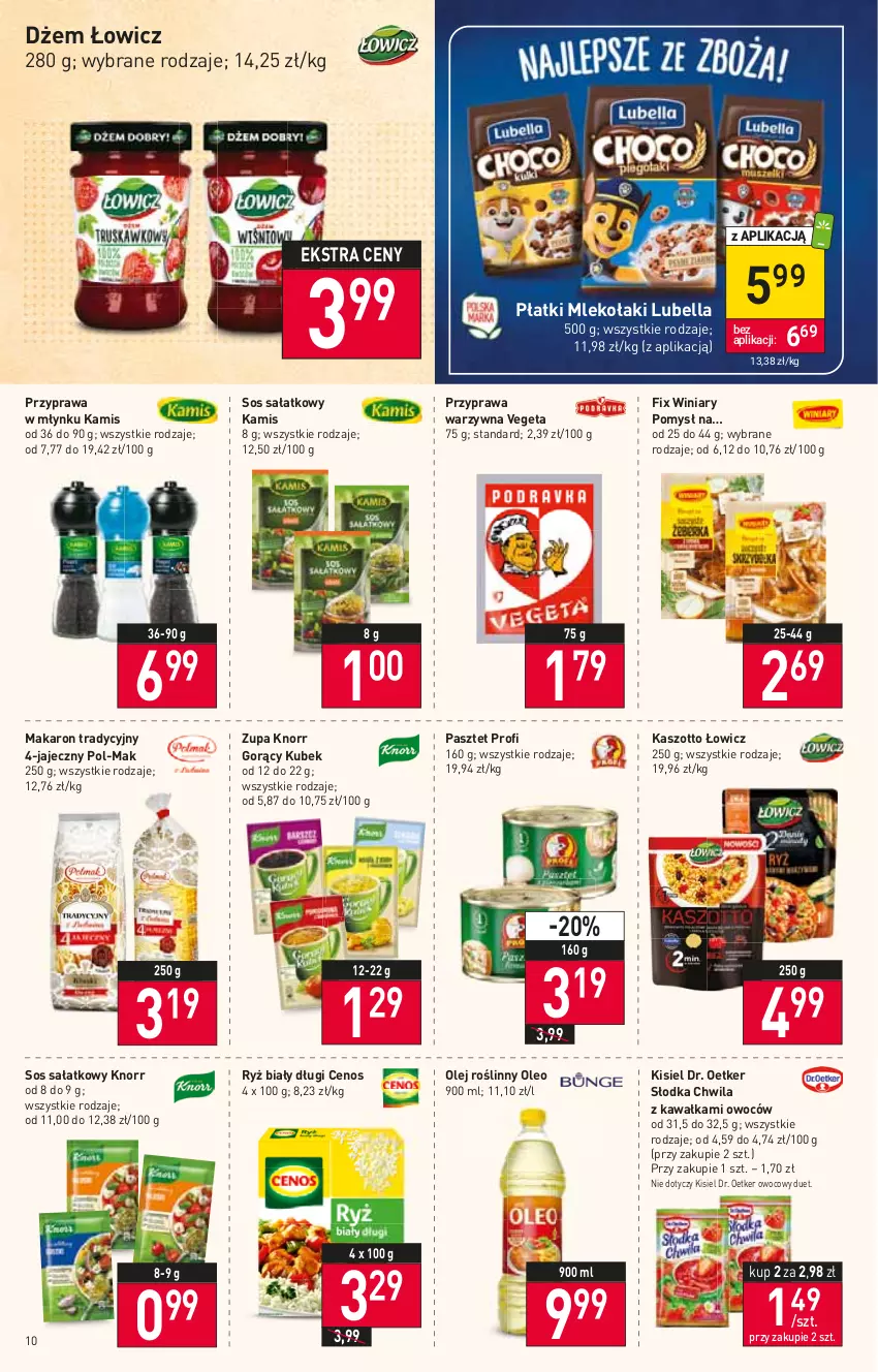 Gazetka promocyjna Stokrotka - Supermarket - ważna 11.08 do 17.08.2022 - strona 10 - produkty: Bell, Bella, Cenos, Dr. Oetker, Dżem, Kamis, Kawa, Kisiel, Knorr, Kubek, Lubella, Makaron, Mleko, Olej, Olej roślinny, Oleo, Pasztet, Ryż, Ryż biały, Sałat, Słodka Chwila, Sos, Vegeta, Winiary, Zott, Zupa