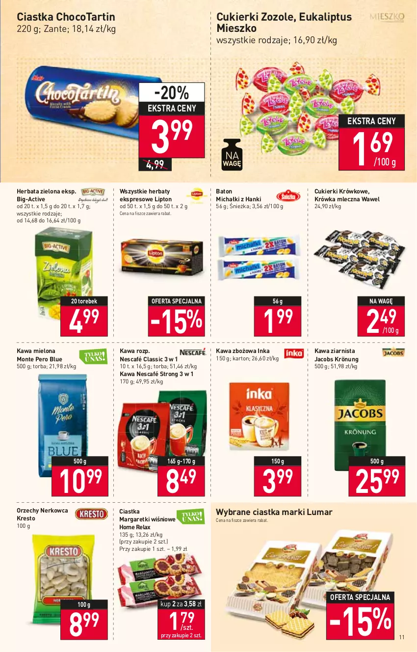 Gazetka promocyjna Stokrotka - Supermarket - ważna 11.08 do 17.08.2022 - strona 11 - produkty: Baton, Ciastka, Cukier, Cukierki, Herbata, Inka, Jacobs, Jacobs Krönung, Kawa, Kawa mielona, Kawa zbożowa, Kawa ziarnista, Lipton, Michałki, Monte, Nescafé, Torba, Wawel