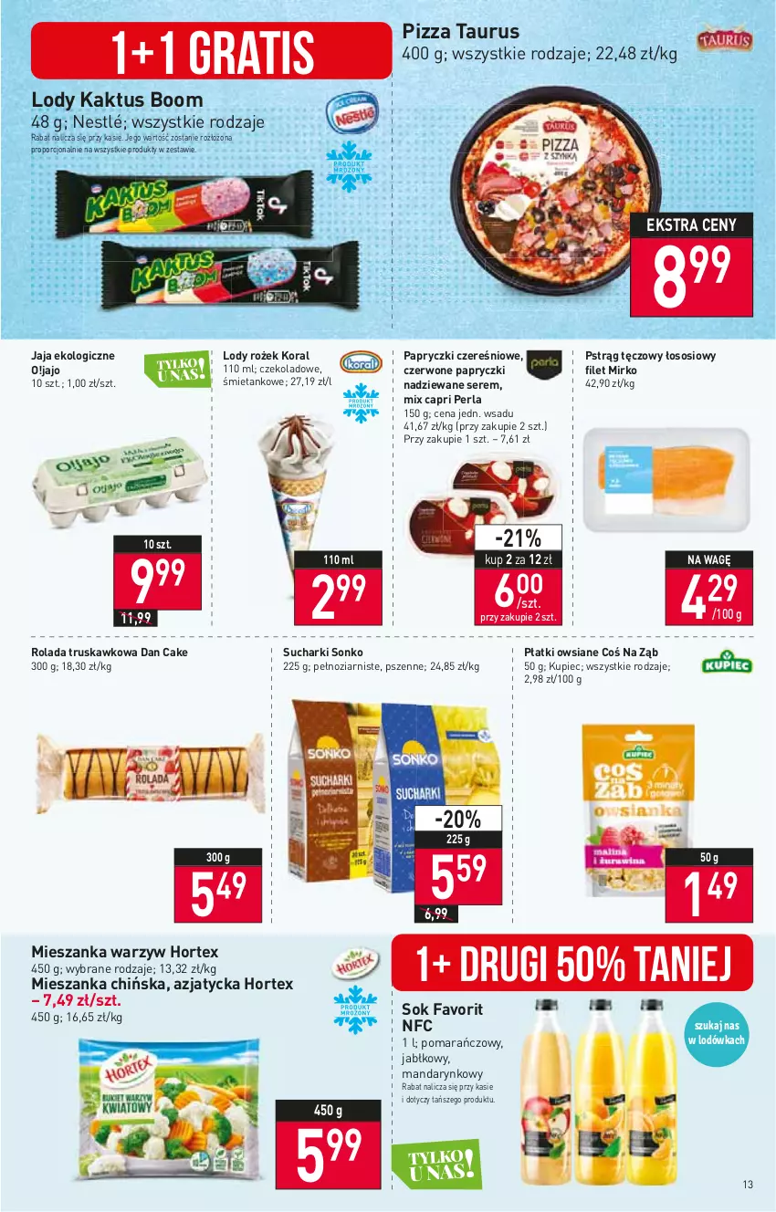 Gazetka promocyjna Stokrotka - Supermarket - ważna 11.08 do 17.08.2022 - strona 13 - produkty: Dan Cake, Fa, Gra, Hortex, Jaja, Kaktus, Kupiec, Lody, Mieszanka warzyw, Nestlé, Papryczki nadziewane, Piec, Pizza, Płatki owsiane, Por, Pstrąg, Pstrąg tęczowy, Rolada, Ser, Sok, Sonko, Sos