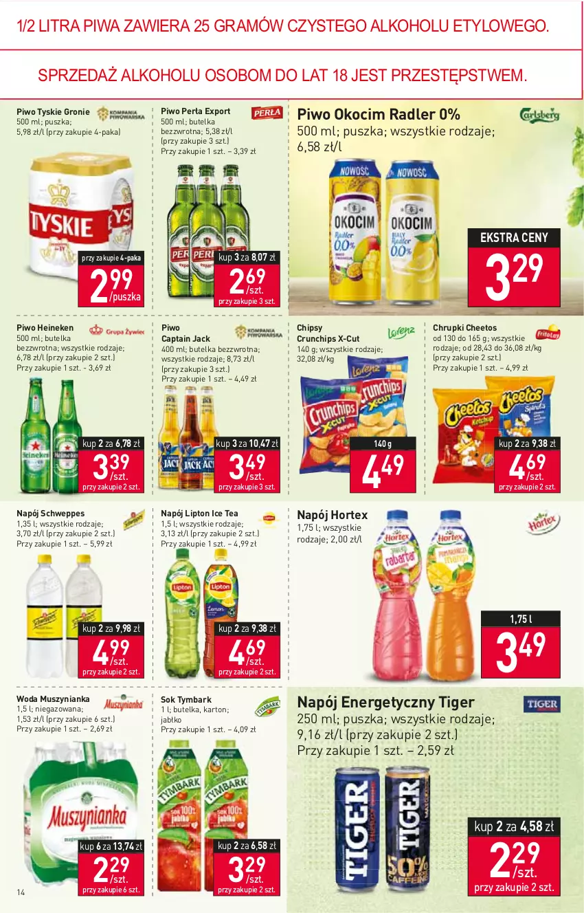 Gazetka promocyjna Stokrotka - Supermarket - ważna 11.08 do 17.08.2022 - strona 14 - produkty: Captain Jack, Cheetos, Chipsy, Chrupki, Crunchips, Gra, Heineken, Hortex, Ice tea, Koc, Lipton, Mus, Muszynianka, Napój, Napój energetyczny, Okocim, Perła, Piwa, Piwo, Por, Radler, Schweppes, Sok, Tiger, Tymbark, Tyskie, Woda