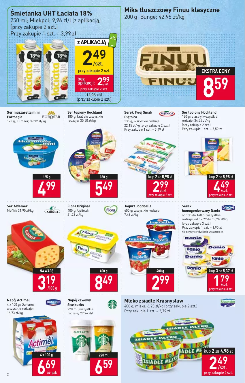 Gazetka promocyjna Stokrotka - Supermarket - ważna 11.08 do 17.08.2022 - strona 2 - produkty: Actimel, Bell, Bella, Danio, Danone, Finuu, Flora, Gin, Hochland, Jogobella, Jogurt, Miks tłuszczowy, Miska, Mleko, Mleko zsiadłe, Mozzarella, Napój, Piątnica, Ser, Ser topiony, Serek, Serek homogenizowany, Top, Twój Smak