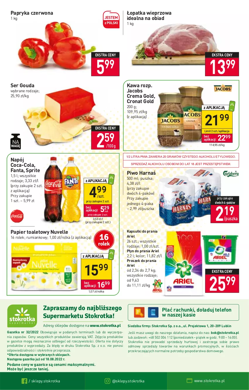 Gazetka promocyjna Stokrotka - Supermarket - ważna 11.08 do 17.08.2022 - strona 20 - produkty: Ariel, Coca-Cola, Fa, Fanta, Gouda, Gra, Harnaś, Jacobs, Kapsułki do prania, Kawa, Napój, O nas, Papier, Papier toaletowy, Papryka, Papryka czerwona, Piwa, Piwo, Płyn do prania, Proszek do prania, Rum, Ser, Sprite, Telefon, Wagi