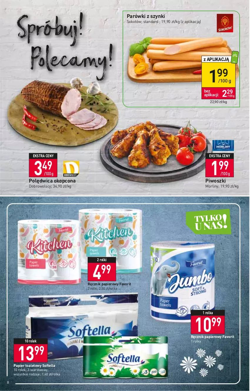 Gazetka promocyjna Stokrotka - Supermarket - ważna 11.08 do 17.08.2022 - strona 8 - produkty: Fa, Morliny, Papier, Papier toaletowy, Parówki, Parówki z szynki, Piwo, Polędwica, Ręcznik, Rolki, Sok, Sokołów