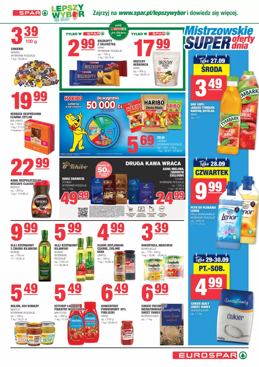 Gazetka promocyjna Spar - EuroSpar - ważna 10.09 do 20.09.2023 - strona 7 - produkty: Biszkopty, Bonduelle, Bulion, Cukier, Cukier trzcinowy, Fa, Gala, Gry, Haribo, Heinz, Herbata, Kawa, Kawa rozpuszczalna, Ketchup, Kujawski, Kukurydza, Lion, Olej, Olej rzepakowy, Oliwki, Płyn do płukania, Pudliszki, Sok, Sos, Tchibo, Torebka, Tymbark, Winiary