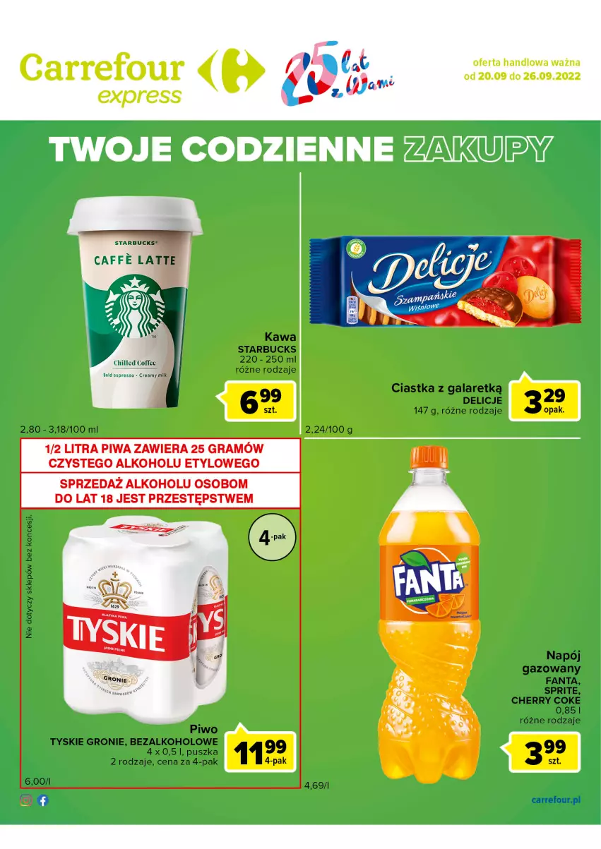 Gazetka promocyjna Carrefour - Gazetka Express - ważna 20.09 do 26.09.2022 - strona 2 - produkty: Ciastka, Delicje, Fa, Fanta, Gala, Gra, Kawa, Napój, Napój gazowany, Piwa, Piwo, Sprite, Tyskie