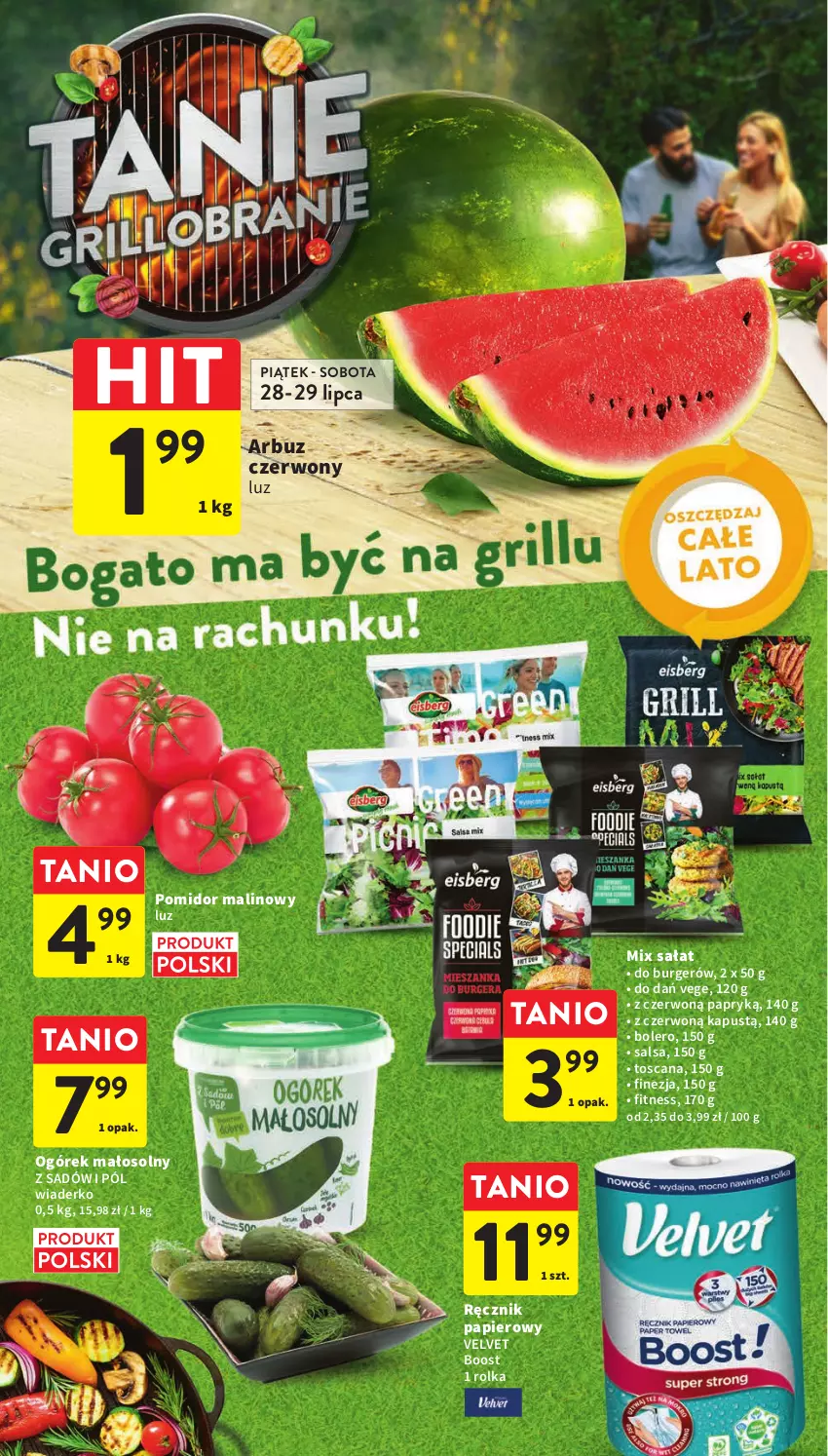 Gazetka promocyjna Intermarche - Gazetka Intermarche - ważna 27.07 do 02.08.2023 - strona 2 - produkty: Arbuz, Burger, Kapustą, Ogórek, Papier, Pomidor malinowy, Ręcznik, Sałat, Salsa, Velvet