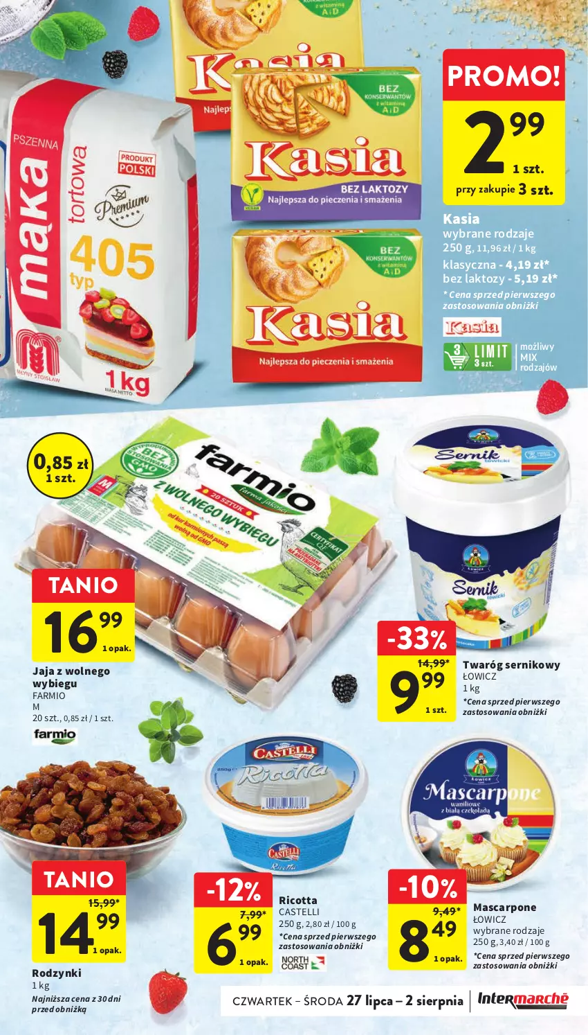 Gazetka promocyjna Intermarche - Gazetka Intermarche - ważna 27.07 do 02.08.2023 - strona 29 - produkty: Fa, Jaja, Jaja z wolnego wybiegu, Kasia, Mascarpone, Ricotta, Rodzynki, Ser, Twaróg