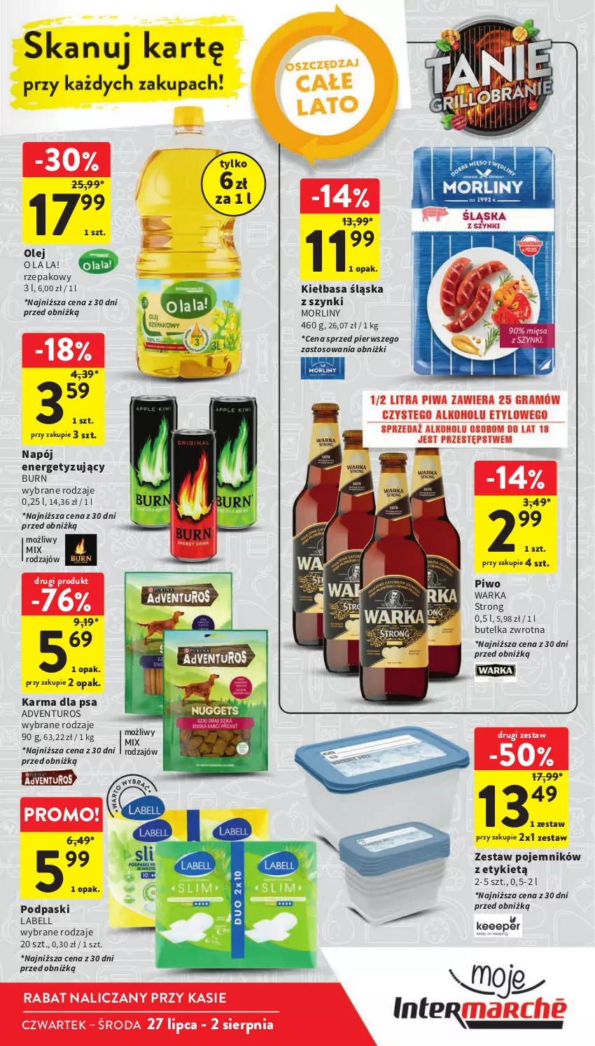 Gazetka promocyjna Intermarche - Gazetka Intermarche - ważna 27.07 do 02.08.2023 - strona 7 - produkty: Adventuros, Bell, Kiełbasa, Kiełbasa śląska, Morliny, Napój, Olej, Piwo, Podpaski, Pojemnik, Warka