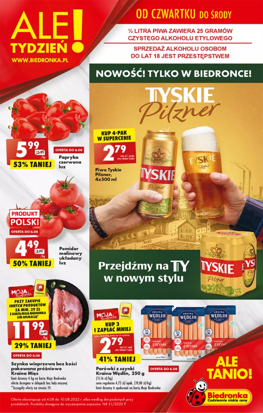 Gazetka promocyjna Biedronka - W tym tygodniu - ważna 04.08 do 10.08.2022 - strona 1 - produkty: Dron, Papryka, Parówki, Parówki z szynki, Piwo, Pomidor malinowy, Szynka, Szynka wieprzowa, Tyskie