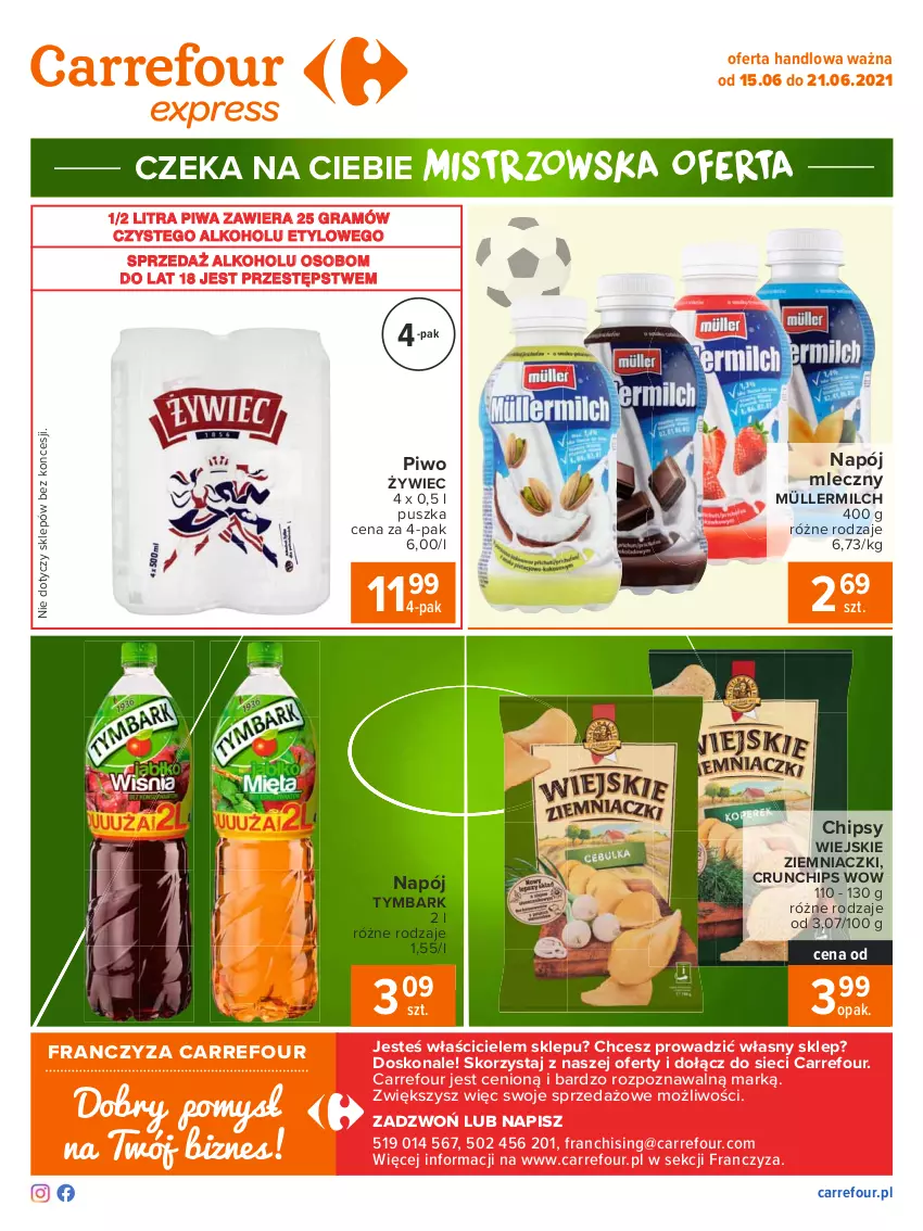 Gazetka promocyjna Carrefour - Gazetka Express - ważna 14.06 do 21.06.2021 - strona 2 - produkty: Chipsy, Crunchips, Gra, Müller, Müllermilch, Napój, Napój mleczny, Piwa, Piwo, Tymbark