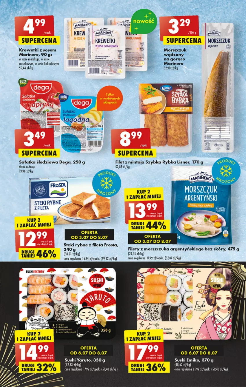 Gazetka promocyjna Biedronka - Od czwartku - ważna 13.07 do 19.07.2023 - strona 31 - produkty: Dega, Filet z mintaja, Frosta, Krewetki, Lisner, Mintaj, Sałat, Sałatka, Sałatka sledziowa, Sos, Stek, Sushi