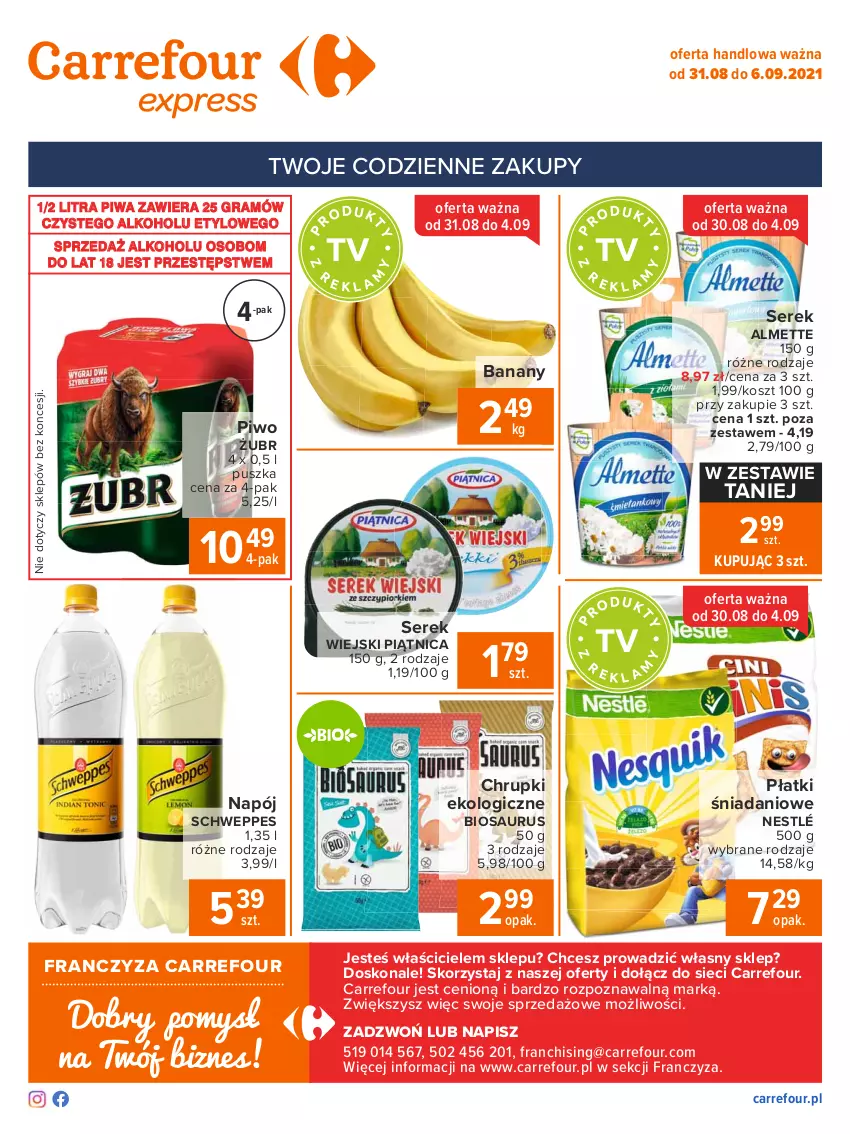 Gazetka promocyjna Carrefour - Gazetka Express - ważna 30.08 do 06.09.2021 - strona 2 - produkty: Almette, Banany, Chrupki, Danio, Gra, Kosz, Napój, Nestlé, Piątnica, Piwa, Piwo, Schweppes, Ser, Serek, Serek wiejski