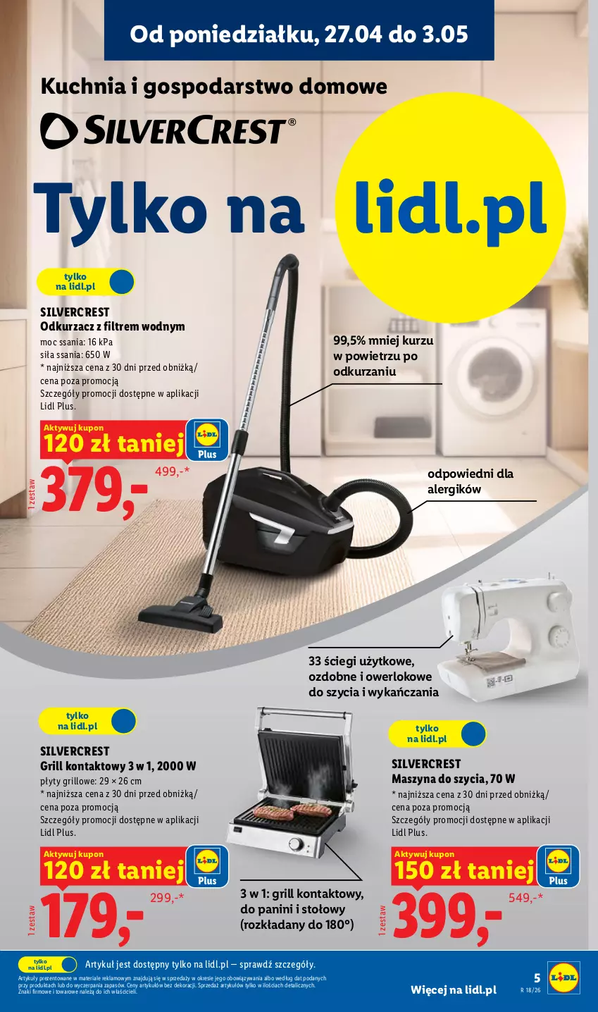 Gazetka promocyjna Lidl - Katalog ważny od 27.04 - ważna 27.04 do 02.05.2026 - strona 5 - produkty: Grill, Grill kontaktowy, Kuchnia, Odkurzacz, Silvercrest, Szyna